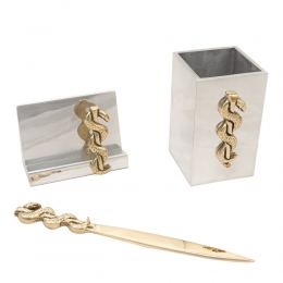 Desk Accessories Set of 3 - "Rod of Asclepius" Design, Symbol of Medicine. Solid Metal, Letter Opener, Business Card Holder, Pen Cup Holder