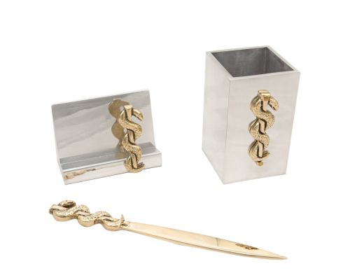 Desk Accessories Set of 3 - "Rod of Asclepius" Design, Symbol of Medicine. Solid Metal, Letter Opener, Business Card Holder, Pen Cup Holder