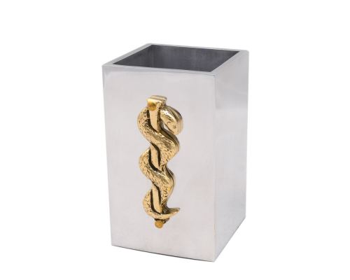 Desk Accessories Set of 3 - "Rod of Asclepius" Design, Symbol of Medicine. Solid Metal, Letter Opener, Business Card Holder, Pen Cup Holder