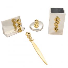 Desk Accessories Set of 4 - "Rod of Asclepius" Design, Symbol of Medicine. Solid Metal, Letter Opener, Paperweight, Business Card Holder, Pen Cup Holder