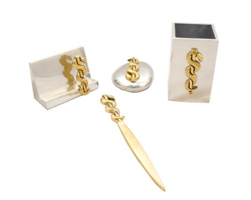 Desk Accessories Set of 4 - "Rod of Asclepius" Design, Symbol of Medicine. Solid Metal, Letter Opener, Paperweight, Business Card Holder, Pen Cup Holder