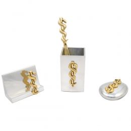 Desk Accessories Set of 4 - "Rod of Asclepius" Design, Symbol of Medicine. Solid Metal, Letter Opener, Paperweight, Business Card Holder, Pen Cup Holder