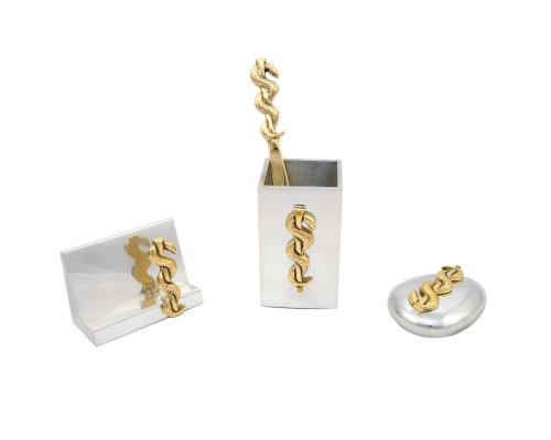 Desk Accessories Set of 4 - "Rod of Asclepius" Design, Symbol of Medicine. Solid Metal, Letter Opener, Paperweight, Business Card Holder, Pen Cup Holder