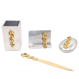 Desk Accessories Set of 4 - "Rod of Asclepius" Design, Symbol of Medicine. Solid Metal, Letter Opener, Paperweight, Business Card Holder, Pen Cup Holder