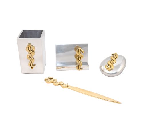 Desk Accessories Set of 4 - "Rod of Asclepius" Design, Symbol of Medicine. Solid Metal, Letter Opener, Paperweight, Business Card Holder, Pen Cup Holder