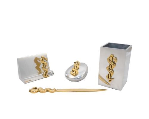 Desk Accessories Set of 4 - "Rod of Asclepius" Design, Symbol of Medicine. Solid Metal, Letter Opener, Paperweight, Business Card Holder, Pen Cup Holder