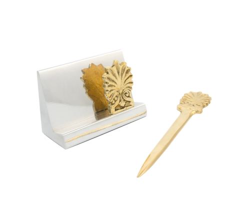 Desk Accessories Set of 2 - "Antefix" Design. Handmade of Solid Metal, Letter Opener, Business Card Holder