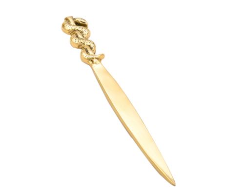 Letter Opener, Handmade of Solid Brass Metal, Stylish Desk Accessory, "Rod of Asclepius" Design, Symbol of Medicine