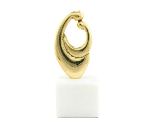 "Mother & Baby", Table Sculpture - Solid Brass on White Marble - Handmade Decor Creation - 15cm (5.9")