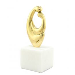 "Mother & Baby", Table Sculpture - Solid Brass on White Marble - Handmade Decor Creation - 15cm (5.9")