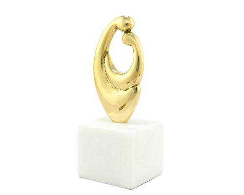 "Mother & Baby", Table Sculpture - Solid Brass on White Marble - Handmade Decor Creation - 15cm (5.9")