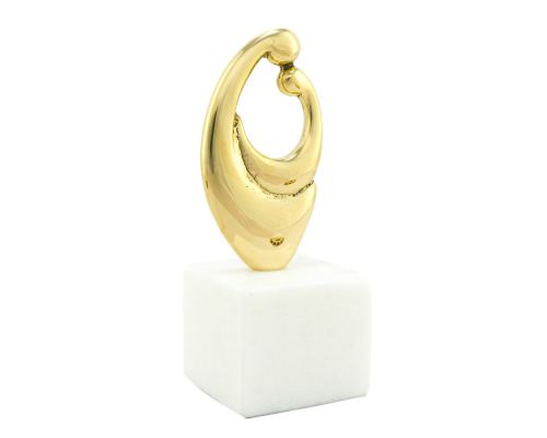 "Mother & Baby", Table Sculpture - Solid Brass on White Marble - Handmade Decor Creation - 15cm (5.9")