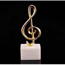 Music Key Note Symbol, Table Sculpture - Solid Brass on White Marble - Handmade Decor Creation - 21cm