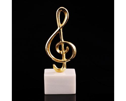 Music Key Note Symbol, Table Sculpture - Solid Brass on White Marble - Handmade Decor Creation - 21cm