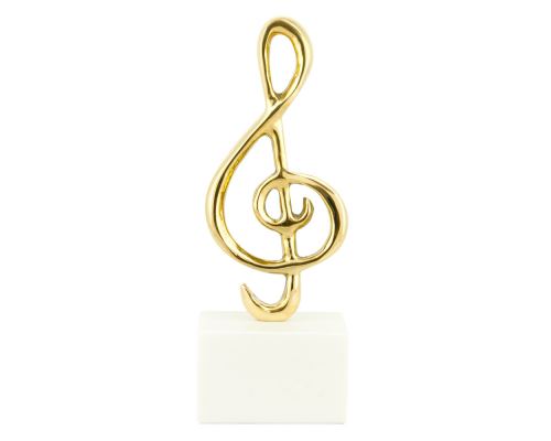 Music Key Note Symbol, Table Sculpture - Solid Brass on White Marble - Handmade Decor Creation - 21cm