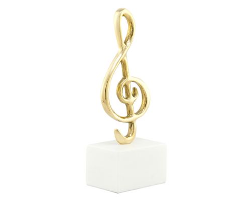 Music Key Note Symbol, Table Sculpture - Solid Brass on White Marble - Handmade Decor Creation - 21cm