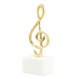 Music Key Note Symbol, Table Sculpture - Solid Brass on White Marble - Handmade Decor Creation - 21cm