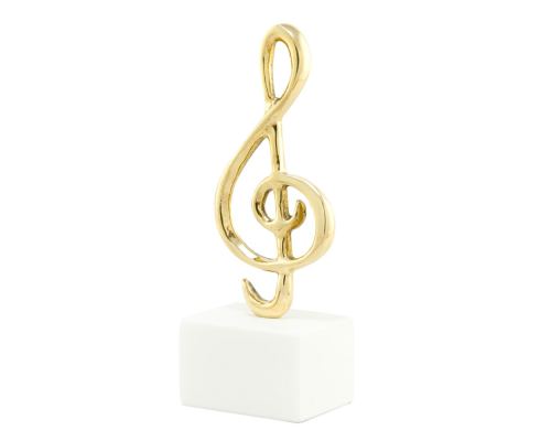 Music Key Note Symbol, Table Sculpture - Solid Brass on White Marble - Handmade Decor Creation - 21cm