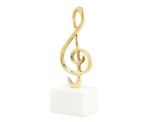 Music Key Note Symbol, Table Sculpture - Solid Brass on White Marble - Handmade Decor Creation - 21cm