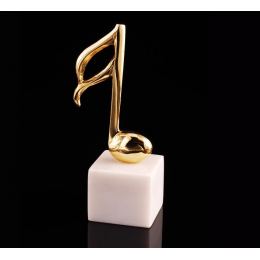 Music Note Symbol, Table Sculpture - Solid Brass on White Marble - Handmade Decor Creation - 18cm (7")