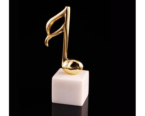 Music Note Symbol, Table Sculpture - Solid Brass on White Marble - Handmade Decor Creation - 18cm (7")