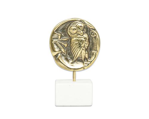 Owl of Minerva - Greek Athena Owl, Table Sculpture - Solid Brass on White Marble - Handmade Decor Creation - 11.5cm (4.53")