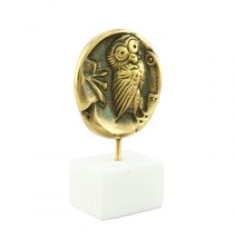 Owl of Minerva - Greek Athena Owl, Table Sculpture - Solid Brass on White Marble - Handmade Decor Creation - 11.5cm (4.53")