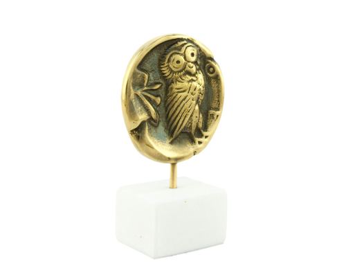 Owl of Minerva - Greek Athena Owl, Table Sculpture - Solid Brass on White Marble - Handmade Decor Creation - 11.5cm (4.53")