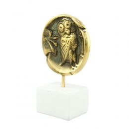 Owl of Minerva - Greek Athena Owl, Table Sculpture - Solid Brass on White Marble - Handmade Decor Creation - 11.5cm (4.53")