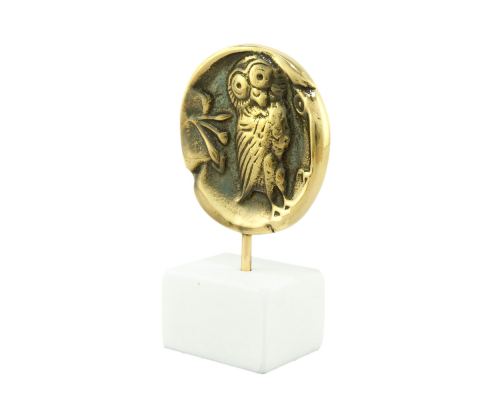 Owl of Minerva - Greek Athena Owl, Table Sculpture - Solid Brass on White Marble - Handmade Decor Creation - 11.5cm (4.53")