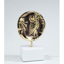 Owl of Minerva - Greek Athena Owl, Table Sculpture - Solid Brass on White Marble - Handmade Decor Creation - 11.5cm (4.53")