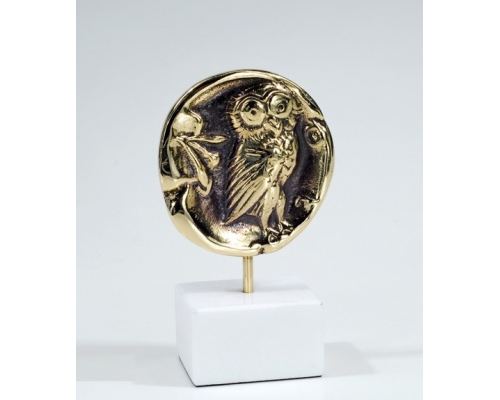 Owl of Minerva - Greek Athena Owl, Table Sculpture - Solid Brass on White Marble - Handmade Decor Creation - 11.5cm (4.53")