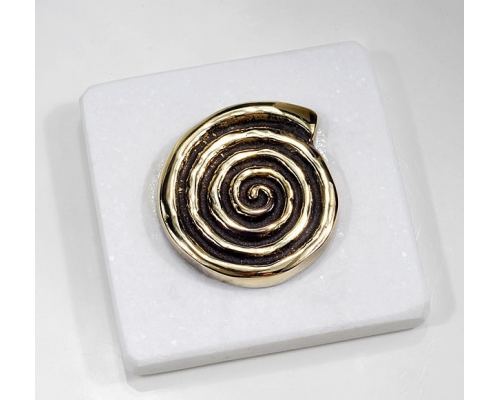 Paperweight (Presse Papier) - Handmade Solid Brass Metal on White Marble, Desk Accessory - "Spiral" Design, Symbol of Growth & Evolution