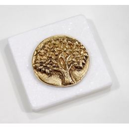 Paperweight (Presse Papier) - Handmade of Solid Brass Metal on White Marble, Desk Accessory - "Tree of Life" Design