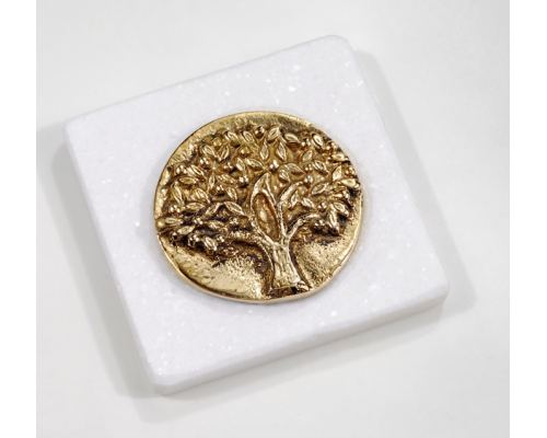 Paperweight (Presse Papier) - Handmade of Solid Brass Metal on White Marble, Desk Accessory - "Tree of Life" Design