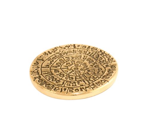 Paperweight (Presse Papier) - Handmade Solid Metal Desk Accessory - "Phaistos Disc" Design, Gold Color