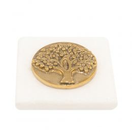 Paperweight (Presse Papier) - Handmade of Solid Brass Metal on White Marble, Desk Accessory - "Tree of Life" Design