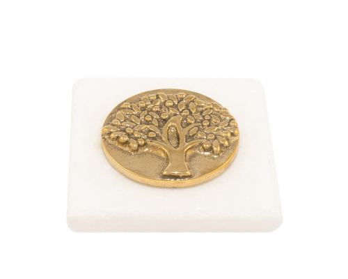 Paperweight (Presse Papier) - Handmade of Solid Brass Metal on White Marble, Desk Accessory - "Tree of Life" Design