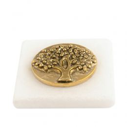 Paperweight (Presse Papier) - Handmade of Solid Brass Metal on White Marble, Desk Accessory - "Tree of Life" Design