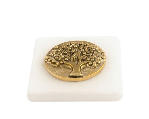 Paperweight (Presse Papier) - Handmade of Solid Brass Metal on White Marble, Desk Accessory - "Tree of Life" Design