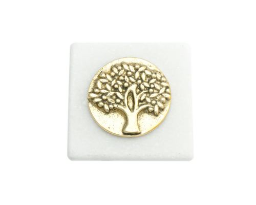 Paperweight (Presse Papier) - Handmade of Solid Brass Metal on White Marble, Desk Accessory - "Tree of Life" Design