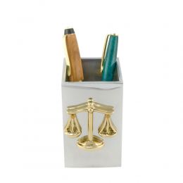 Pen Cup Holder or Pencil Holder - Handmade Solid Metal Desk Accessory - "Scale or Balance of Themis" Design, Symbol of Justice