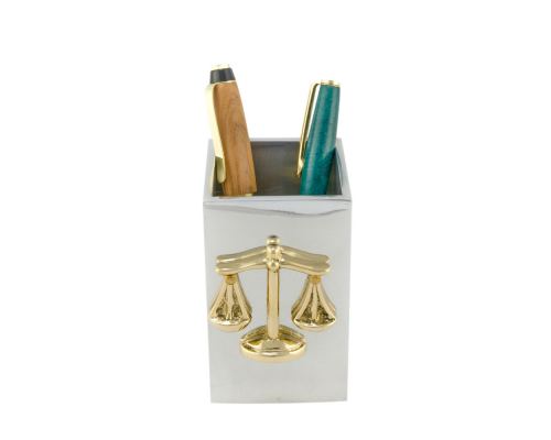 Pen Cup Holder or Pencil Holder - Handmade Solid Metal Desk Accessory - "Scale or Balance of Themis" Design, Symbol of Justice