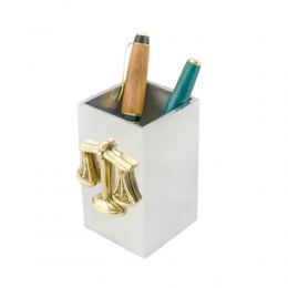 Pen Cup Holder or Pencil Holder - Handmade Solid Metal Desk Accessory - "Scale or Balance of Themis" Design, Symbol of Justice