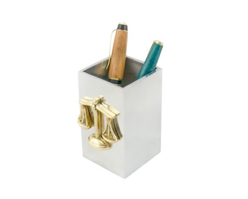 Pen Cup Holder or Pencil Holder - Handmade Solid Metal Desk Accessory - "Scale or Balance of Themis" Design, Symbol of Justice