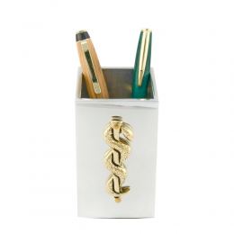 Pen Holder or Pencil Holder - Handmade Solid Metal Desk Accessory - "Rod of Asclepius" Design, Symbol of Medicine