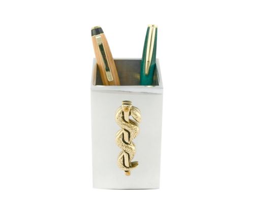 Pen Holder or Pencil Holder - Handmade Solid Metal Desk Accessory - "Rod of Asclepius" Design, Symbol of Medicine