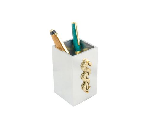 Pen Holder or Pencil Holder - Handmade Solid Metal Desk Accessory - "Rod of Asclepius" Design, Symbol of Medicine