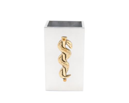 Pen Holder or Pencil Holder - Handmade Solid Metal Desk Accessory - "Rod of Asclepius" Design, Symbol of Medicine