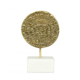 Phaistos Disc, Table Sculpture - Solid Brass on White Marble - Handmade Decor Creation - 13.5cm (5.3")